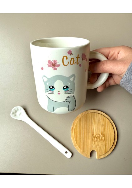 Cat Figürlü Seramik Kupa- Patili kaşık-Bambu kapaklı kedili kupa bardak