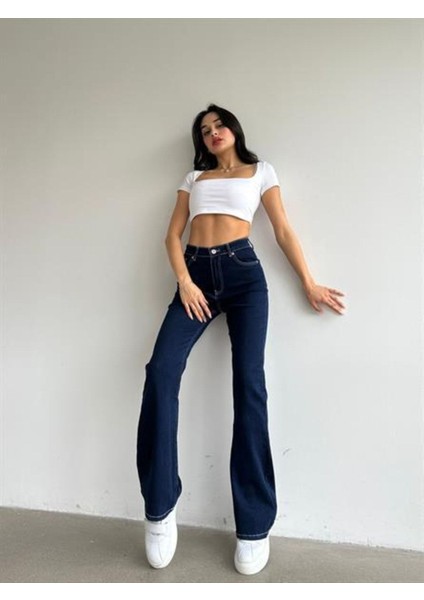 jean Kadın Flora Pamela Ispanyol Lacivert Kot Yüksek Bel Likralı Ekstra