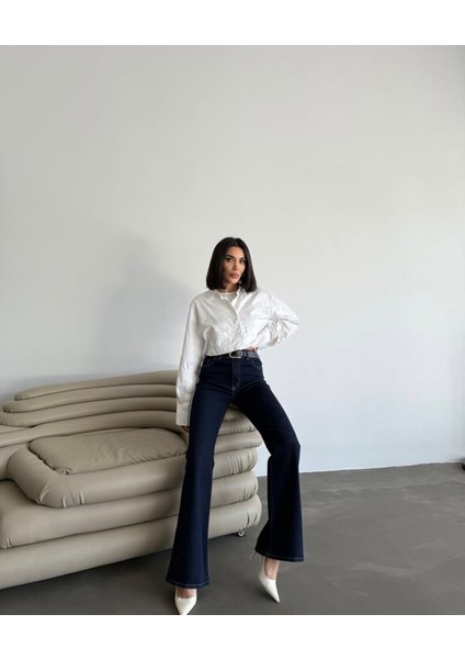 jean Vanessa Pamela Ispanyol Lacivert Kot Yüksek Bel Likralı Ekstra Esnek