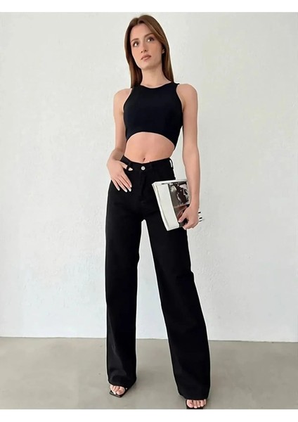 Elite Aideen Yüksek Bel Siyah Palazzo Jean Salaş Denim Pant. fiyatları