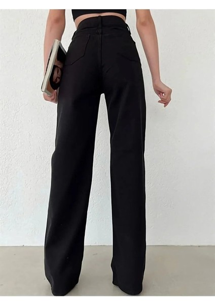 Elite Aideen Yüksek Bel Siyah Palazzo Jean Salaş Denim Pant. fırsatları