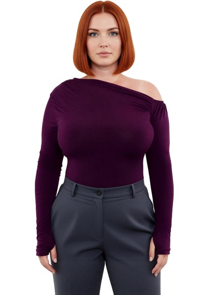 Kadın Uzun Kollu Asimetrik Yaka Polyester Bluz Sandy Dokuma Günlük Tarz Büzgülü Tasarım Kaliteli