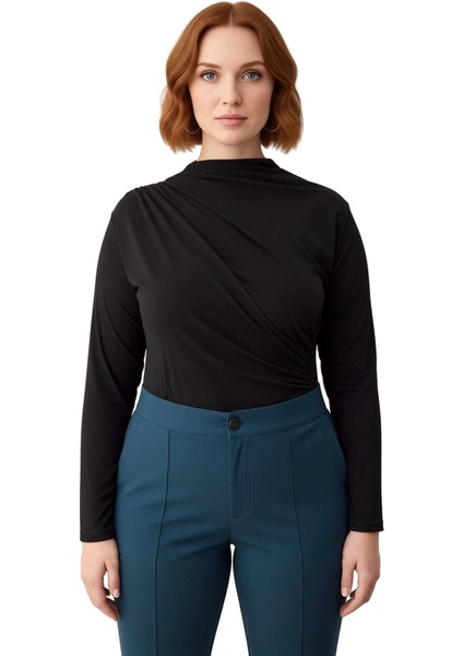 Kadınlar Için Modern Büzgülü Balıkçı Yaka Uzun Kollu Örme Bluz Kaliteli Şık Rahat Modern Zarif