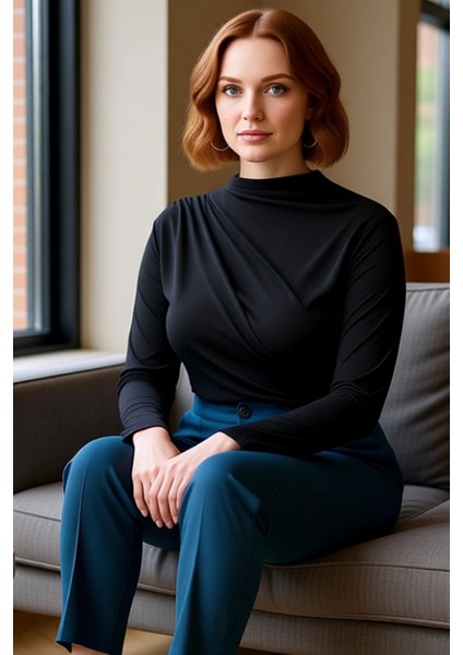 Kadınlar Için Modern Büzgülü Balıkçı Yaka Uzun Kollu Örme Bluz Kaliteli Şık Rahat Modern Zarif fırsatları