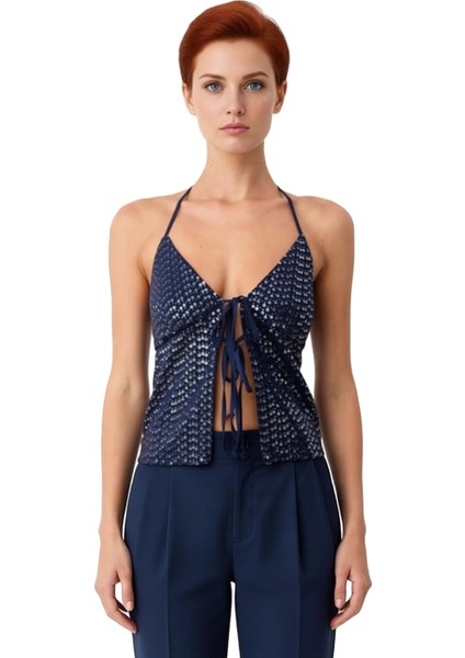 Kadınlar Için Crop Kesim Ince Askılı Boyundan Bağlamalı Örme Kumaş Bluz Kaliteli Şık Rahat