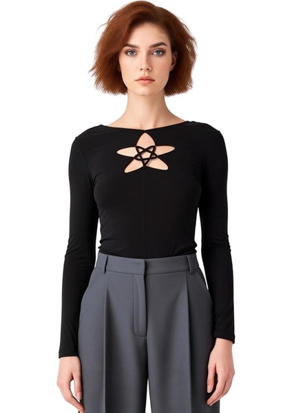 Kadın Yuvarlak Yaka Uzun Kollu Önü Bağcıklı Örme Üst Kaliteli Şık Rahat Modern Zarif Günlük