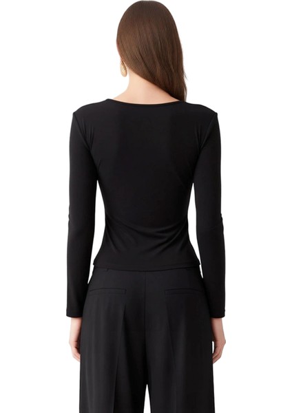 Kadın Yuvarlak Yaka Uzun Kollu Önü Bağcıklı Örme Üst Kaliteli Şık Rahat Modern Zarif Günlük fiyatları