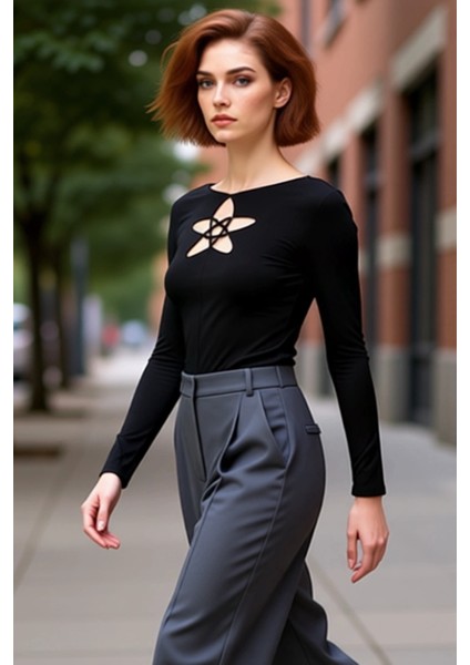 Kadın Yuvarlak Yaka Uzun Kollu Önü Bağcıklı Örme Üst Kaliteli Şık Rahat Modern Zarif Günlük modelleri