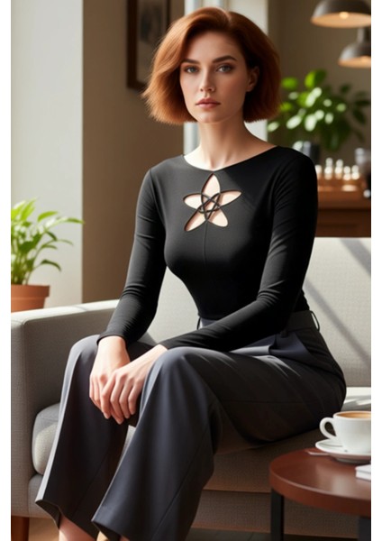 Kadın Yuvarlak Yaka Uzun Kollu Önü Bağcıklı Örme Üst Kaliteli Şık Rahat Modern Zarif Günlük fırsatları