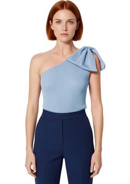 Kadınlar Için Tek Kol Fiyonklu Asimetrik Yaka Triko Üst Kaliteli Şık Rahat Modern Zarif Günlük