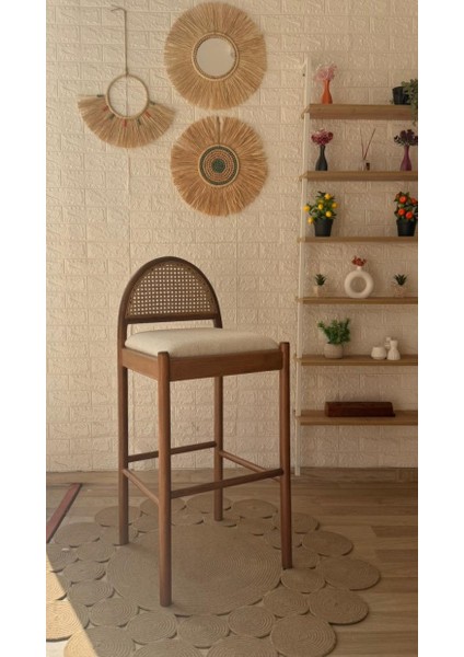 Concept Nova Bar Sandalyesi Teddy Krem Kumaş Hasırlı Ceviz Ahşap Ada Sandalye