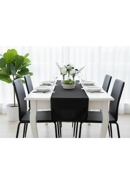 Şık Siyah Keten Runner – Dantel Detaylı Sofra, Masa, Amerikan Servis 40x140