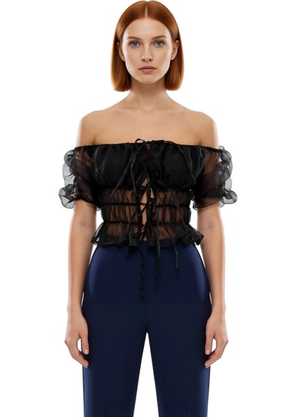 Kadın Büzgülü Organze Üst Şık ve Göz Alıcı Tasarım Carmen Yaka Detaylı Kaliteli Şık Rahat Modern