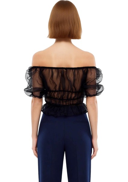 Kadın Büzgülü Organze Üst Şık ve Göz Alıcı Tasarım Carmen Yaka Detaylı Kaliteli Şık Rahat Modern fiyatları