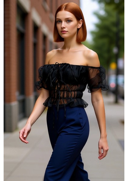 Kadın Büzgülü Organze Üst Şık ve Göz Alıcı Tasarım Carmen Yaka Detaylı Kaliteli Şık Rahat Modern modelleri