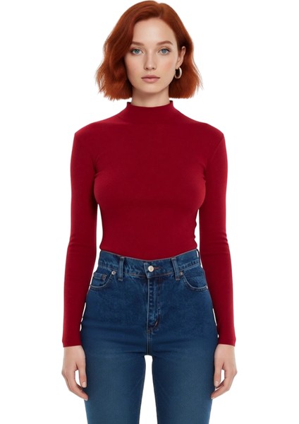 Moda Dik Yaka Örme Slim Düz Desen Casual Günlük Regular Uzun Kol Bluz