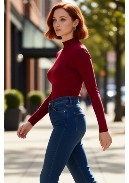 Moda Dik Yaka Örme Slim Düz Desen Casual Günlük Regular Uzun Kol Bluz modelleri