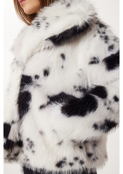 Hayvan Desenli Suni Kürk Ceket LZH0019 Ekru Siyah indirimleri