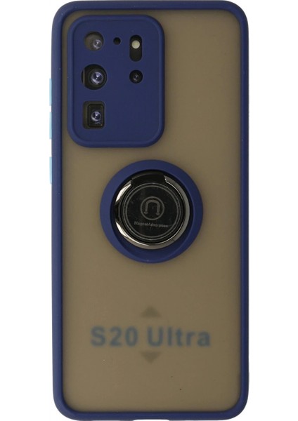 Samsung Galaxy S20 Ultra Kılıf Montreal Yüzüklü Silikon Kapak - Lacivert (K95)