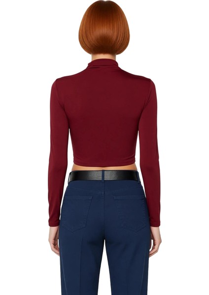 Moda Dik Yaka Örme Slim Düz Desen Şık Gece Crop Uzun Kol Bluz fiyatları