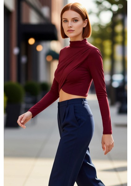 Moda Dik Yaka Örme Slim Düz Desen Şık Gece Crop Uzun Kol Bluz modelleri