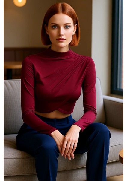 Moda Dik Yaka Örme Slim Düz Desen Şık Gece Crop Uzun Kol Bluz fırsatları