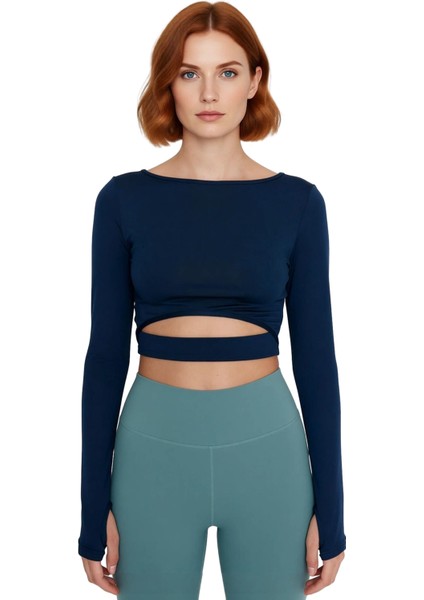 Moda Bisiklet Yaka Örme Fit Düz Desen Sportswear Crop Uzun Kol Bluz