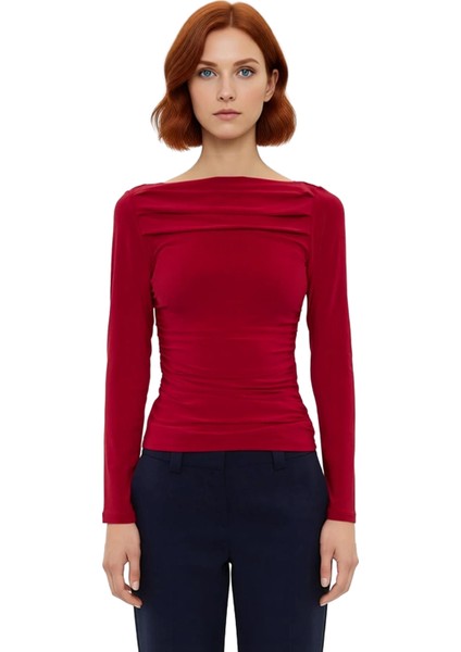 Stil Kadın Drapeli Vücuda Oturan Esnek Bluz Regular Örme Slim Kalıp