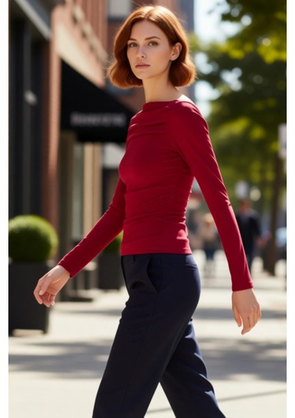 Stil Kadın Drapeli Vücuda Oturan Esnek Bluz Regular Örme Slim Kalıp modelleri