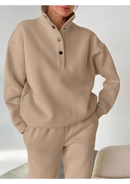 Kadın Uzun Kollu Balıkçı Dik Yakalı Düğmeli Üç Iplik Bluz ve Pantolon Ikili Takım modelleri