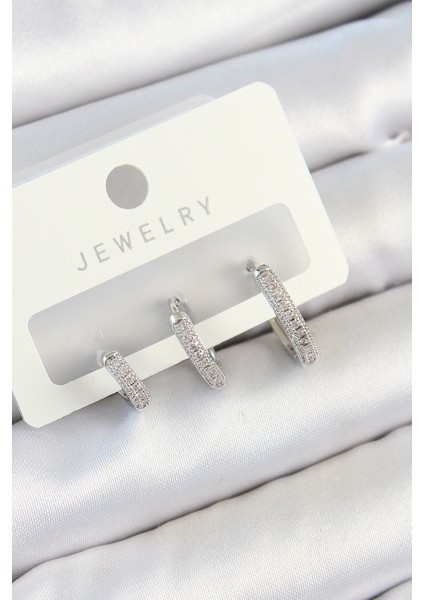 Pirinç Zirkon Taşlı Halka Model Gümüş Renk 3'lü Çift Kadın Küpe Set