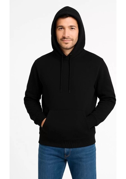 Erkek Üç Iplik Kapüşonlu Kanguru Cepli Sweatshirt Hoodie - Siyah fiyatları