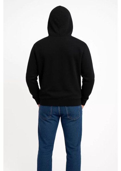 Erkek Üç Iplik Kapüşonlu Kanguru Cepli Sweatshirt Hoodie - Siyah fırsatları
