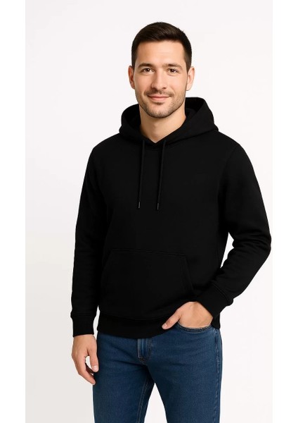 Erkek Üç Iplik Kapüşonlu Kanguru Cepli Sweatshirt Hoodie - Siyah indirimleri