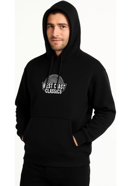 Erkek Kapşonlu Sweatshirt – Oversize Üç Iplik Şardonlu Hoodie, “west Coast Classics” Ön & Arka Baskılı, Kanguru Cepli Kışlık Günlük Stil - Siyah