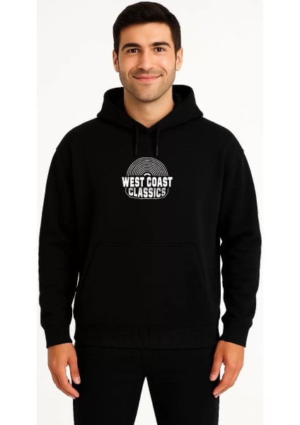 Erkek Kapşonlu Sweatshirt – Oversize Üç Iplik Şardonlu Hoodie, “west Coast Classics” Ön & Arka Baskılı, Kanguru Cepli Kışlık Günlük Stil - Siyah fiyatları