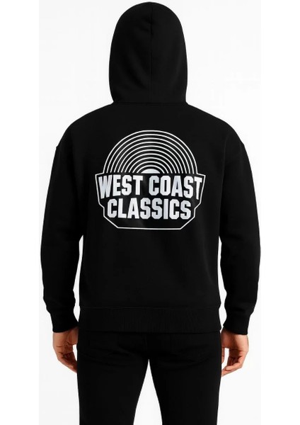 Erkek Kapşonlu Sweatshirt – Oversize Üç Iplik Şardonlu Hoodie, “west Coast Classics” Ön & Arka Baskılı, Kanguru Cepli Kışlık Günlük Stil - Siyah modelleri