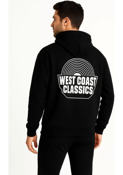 Erkek Kapşonlu Sweatshirt – Oversize Üç Iplik Şardonlu Hoodie, “west Coast Classics” Ön & Arka Baskılı, Kanguru Cepli Kışlık Günlük Stil - Siyah fırsatları