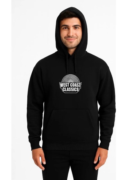 Erkek Kapşonlu Sweatshirt – Oversize Üç Iplik Şardonlu Hoodie, “west Coast Classics” Ön & Arka Baskılı, Kanguru Cepli Kışlık Günlük Stil - Siyah indirimleri