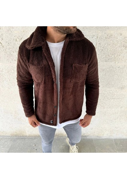 Erkek Pelüş Polar Hırka Gömlek – Yakalı, Ilik Düğmeli, Göğüs Cepli, Yumuşak Dokulu Kışlık Regular Fit Rahat Günlük Model - Kahverengi fiyatları