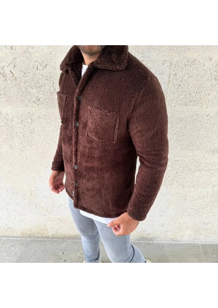Erkek Pelüş Polar Hırka Gömlek – Yakalı, Ilik Düğmeli, Göğüs Cepli, Yumuşak Dokulu Kışlık Regular Fit Rahat Günlük Model - Kahverengi modelleri
