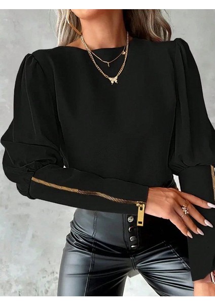 Uzun Kollu Bisiklet Yaka Fermuar Detaylı Ithal Krep Bluz