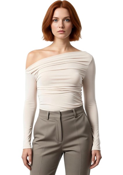 Stil Kadın Büzgü Drape Detaylı Fitted Vücuda Oturan Kollu Esnek Bluz Regular Örme Slim Kalıp