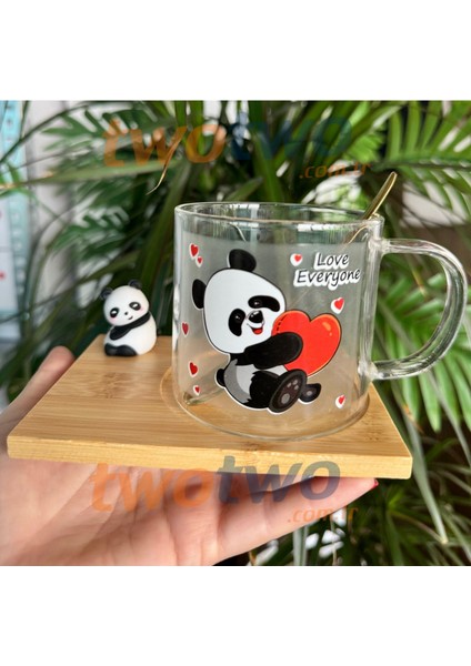 Panda Figürlü Cam Bardak Panda-Karışık desen- kaşıklı altlıklı Kupa -fincan