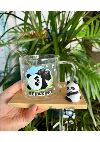 Panda Figürlü Cam Bardak Panda-Karışık desen- kaşıklı altlıklı Kupa -fincan fiyatları