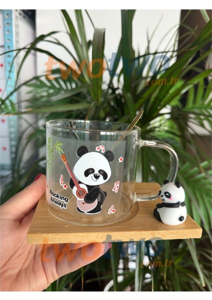 Panda Figürlü Cam Bardak Panda-Karışık desen- kaşıklı altlıklı Kupa -fincan modelleri