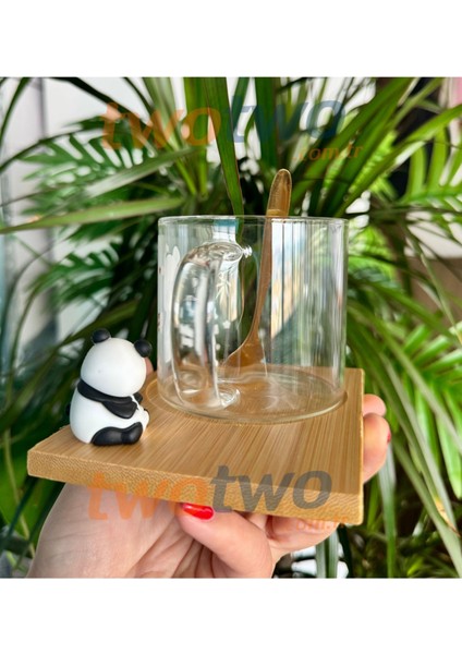 Panda Figürlü Cam Bardak Panda-Karışık desen- kaşıklı altlıklı Kupa -fincan fırsatları