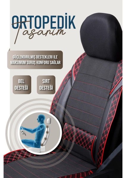 Fiat Stilo Uyumlu Lüks Yarı Deri Bel Destekli Oto Koltuk Kılıfı Vera Series Siyah Kırmızı Renk fırsatları