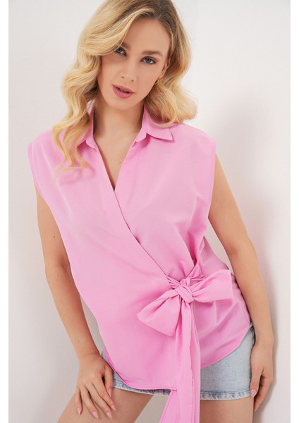 Kadın Bdart Bağlama Detaylı V Yaka Kolsuz Poplin Gömlek Karanfil Pembesi