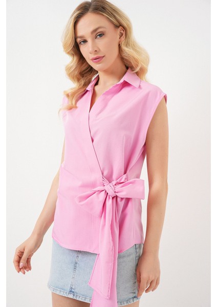 Kadın Bdart Bağlama Detaylı V Yaka Kolsuz Poplin Gömlek Karanfil Pembesi modelleri